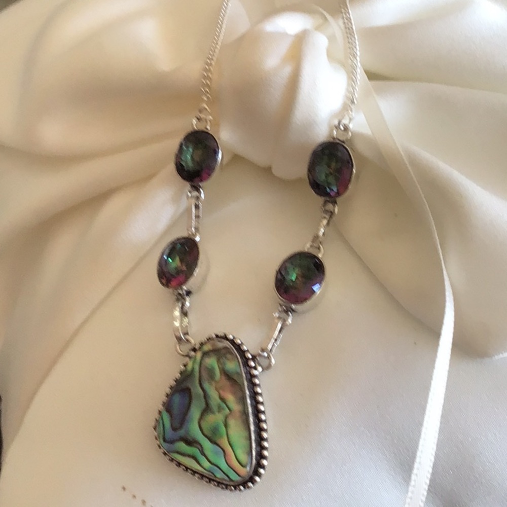 Sterling Silver Mystic Fire Topaz and Abalone Pearl Necklace Choker - Picture 2 of 11